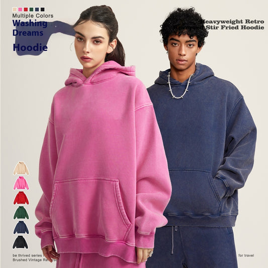 Ziili Washed-out Vintage Fleece-lined Hoodie – Men’s Cotton Pullover with Dimensional Patch Pocket, Warm & Stylish Everyday Sweatshirt